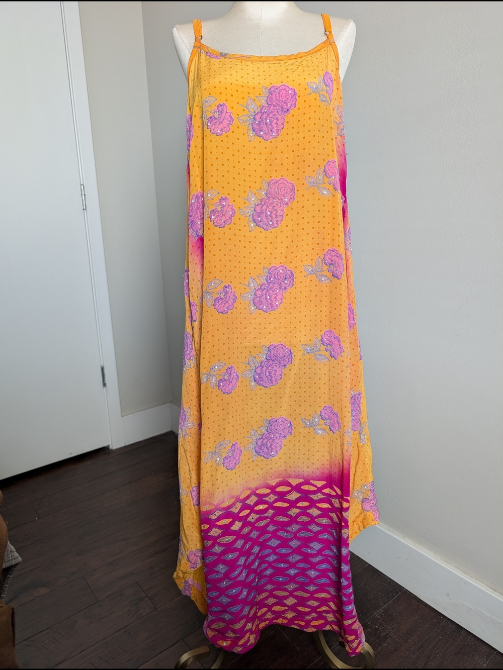100% Silk Boho Indian Spaghetti Dress Floral Sequin Orange Yellow Pink Size M-L